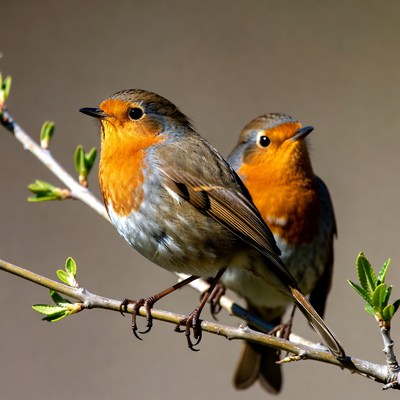 Two Robins Perched on Branch