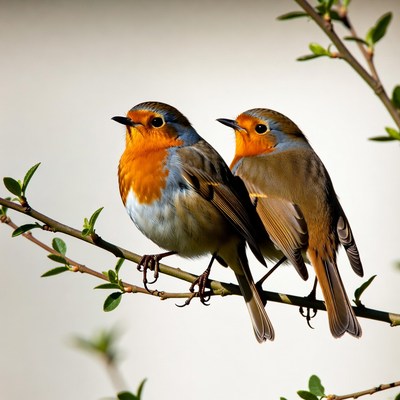 Two Robins Perched on Branch
