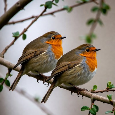 Two Robins Perched on Branches