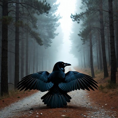 Raven with spread wings in misty forest