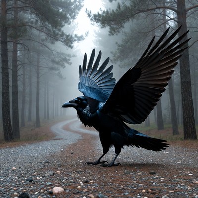 Raven spreading wings in misty forest