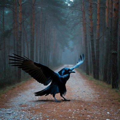 Raven Walking Forest Path