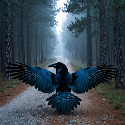 Blue Raven Flying Over Forest Path