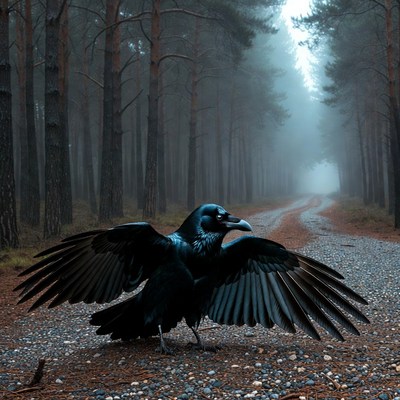 Raven spreading wings on forest path