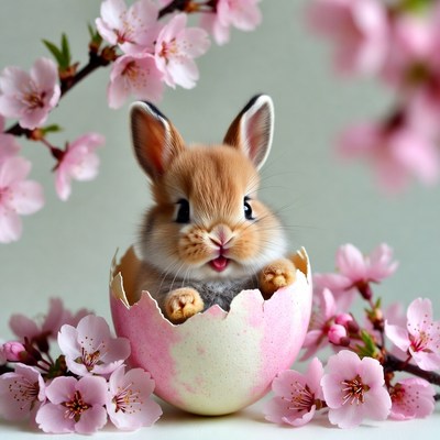 Baby Bunny in Pink Egg with Cherry Blossoms
