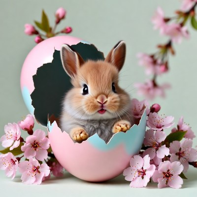 Baby Bunny Emerging from Pink Easter Egg