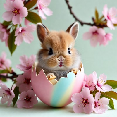 Baby Bunny in Easter Egg with Cherry Blossoms