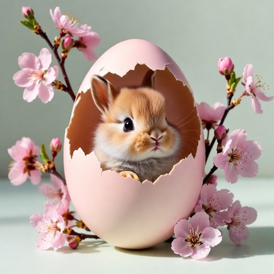 Baby bunny hatching from pink egg