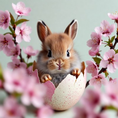 Baby bunny hatching from pink egg
