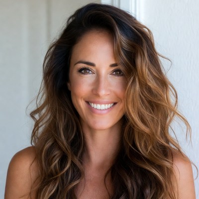 Smiling woman with wavy brown hair
