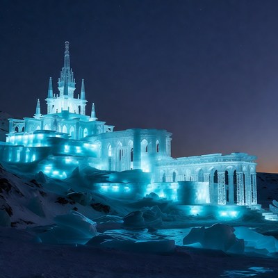 Illuminated Ice Castle at Night