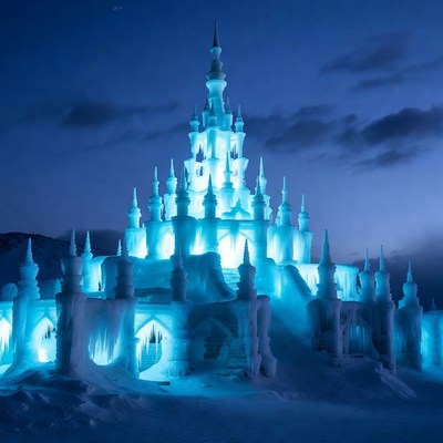 Illuminated Ice Castle at Night