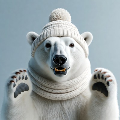 Polar bear wearing knit hat scarf