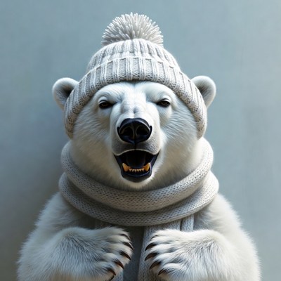 Polar bear wearing winter hat scarf
