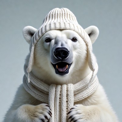 Polar bear wearing knit hat scarf