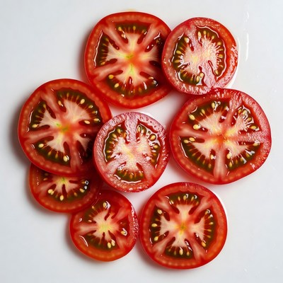 Fresh Tomato Slices on White Background