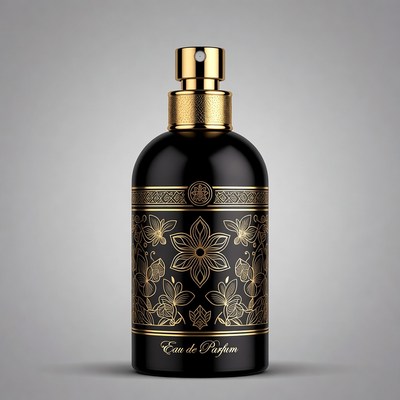 Black Perfume Bottle with Gold Floral Design