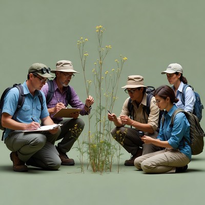 Scientists Examining Yellow Plant Outdoors