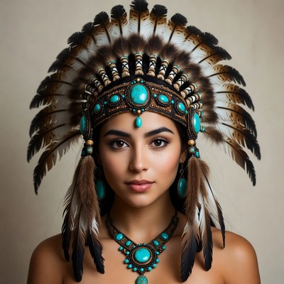 Woman in turquoise Native American headdress
