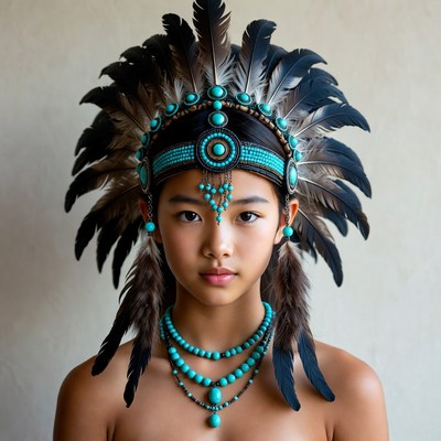 Asian girl in turquoise Native American headdress