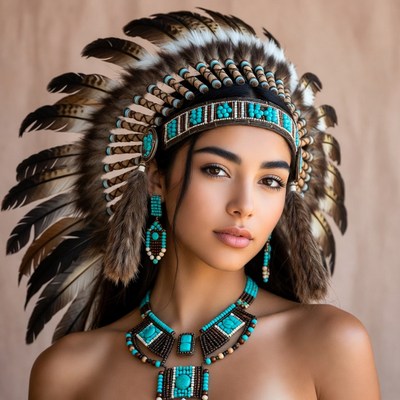 Woman in turquoise Native American headdress