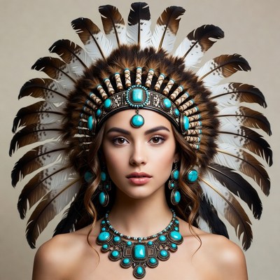 Woman in turquoise Native American headdress