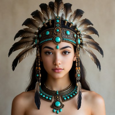 Woman in turquoise feather headdress