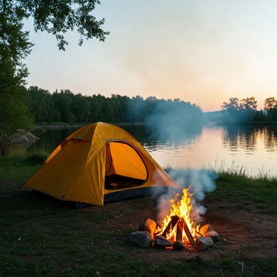 Yellow tent by campfire lakeside