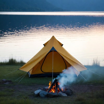 Yellow tent and campfire by lake