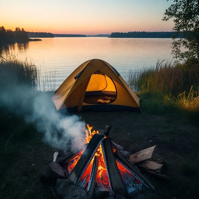 Campfire and tent by lake sunset