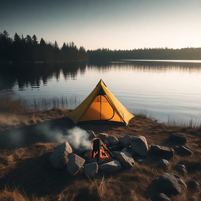 Yellow tent by campfire lakeside