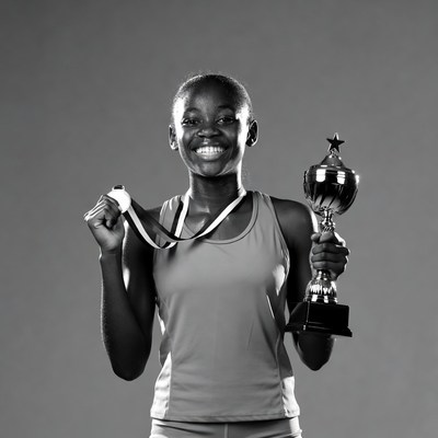African-American woman holding trophy medal