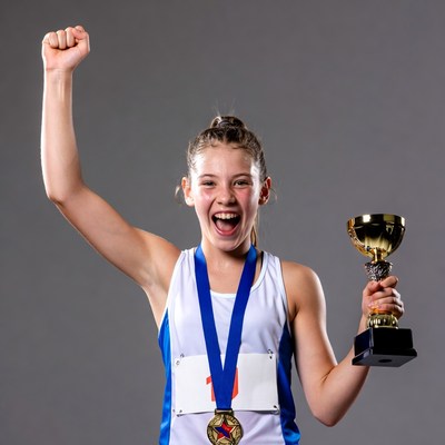 Girl holding trophy with raised fist