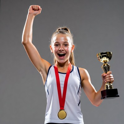 Girl holding trophy with medal