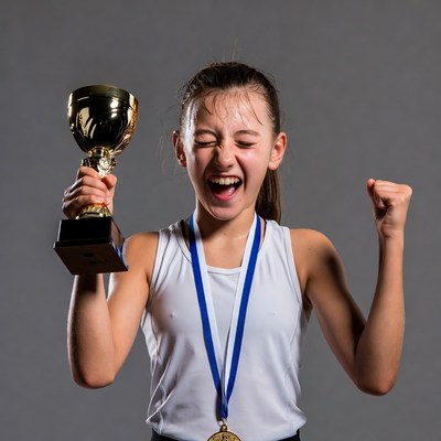 Girl holding trophy victory pose