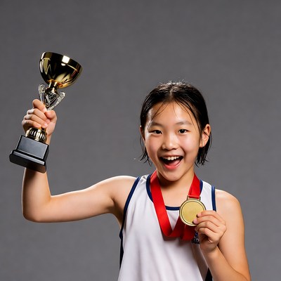 Asian girl holding trophy and gold medal