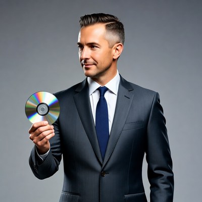 Man holding CD disc in suit