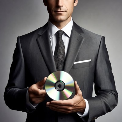 Man holding CD in suit