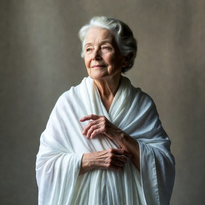 Elderly woman in white shawl