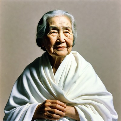 Elderly Asian woman in white shawl