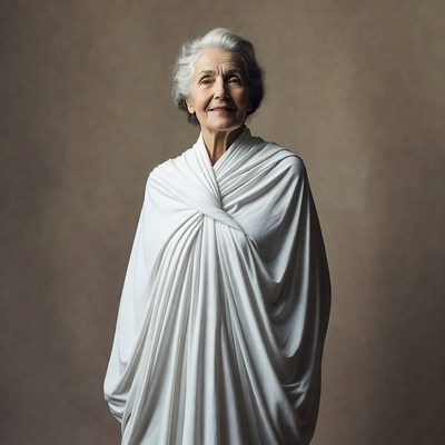 Elderly woman in white draped gown