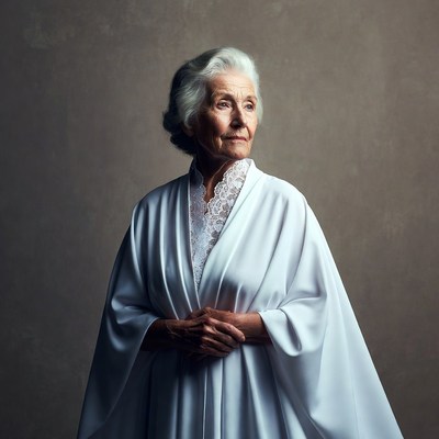 Elderly woman in white lace dress