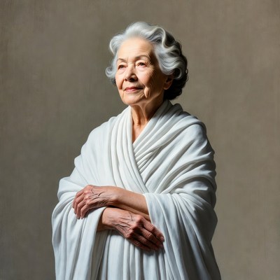 Elderly woman in white shawl