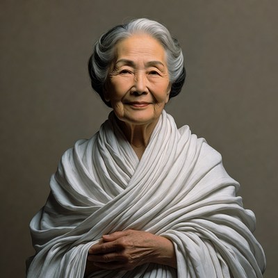 Elderly Asian woman in white shawl