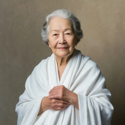 Elderly Asian woman in white shawl