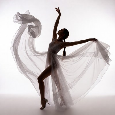 Woman dancing in flowing white silhouette