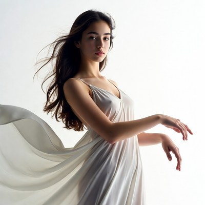 Woman in flowing white dress dancing