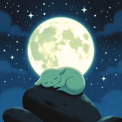 Sleeping green bunny on moonlit rock
