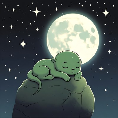 Sleeping Otter on Rock Under Moon