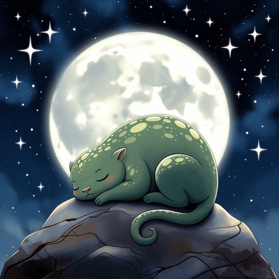 Cute green cat sleeping on rock under moon
